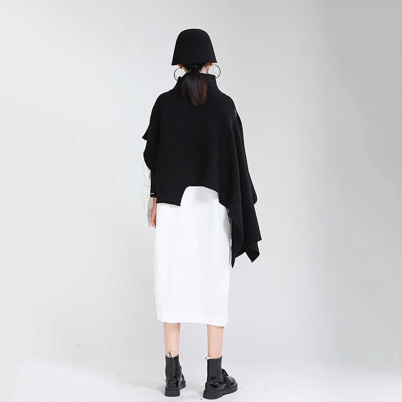 Irregular Big Size Knitting Sweater Poncho Loose Turtleneck
