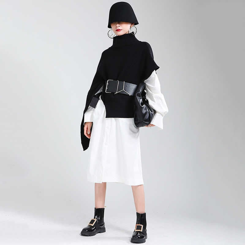 Irregular Big Size Knitting Sweater Poncho Loose Turtleneck