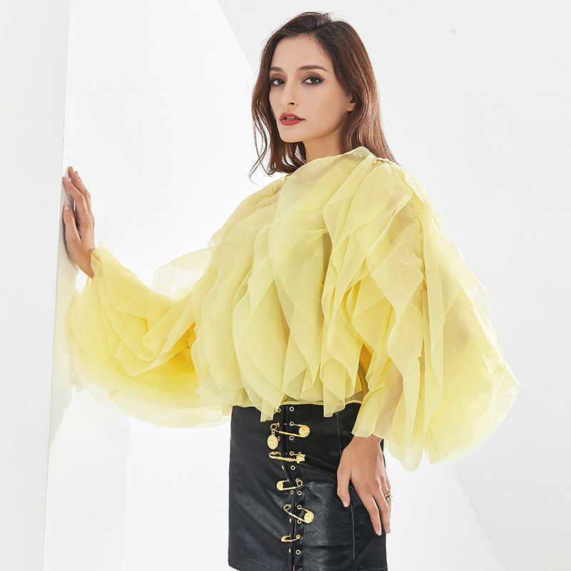 Solid Color Mesh Shirt For Women O Neck Lantern Sleeve Casual Blouse