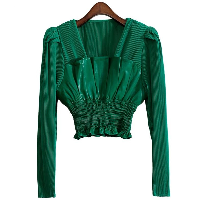 ホワイト エレガント フォールド プリーツ スリム シャツ スクエアカラー ブラウス 2022 春