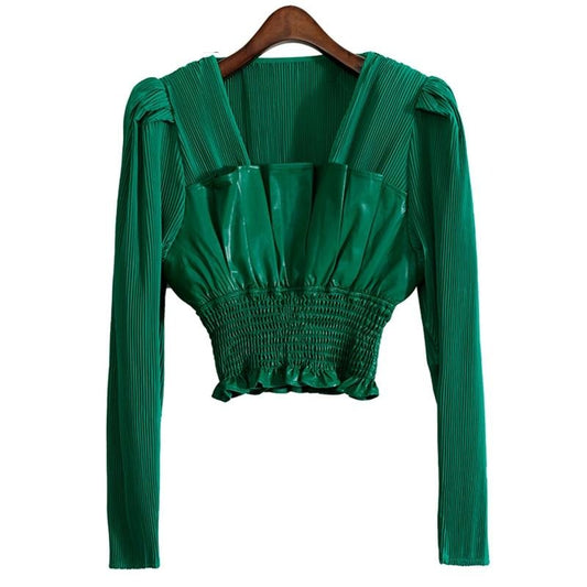 White Elegant Fold Pleated Slim Shirts Square Collar  Blouses 2022 Spring