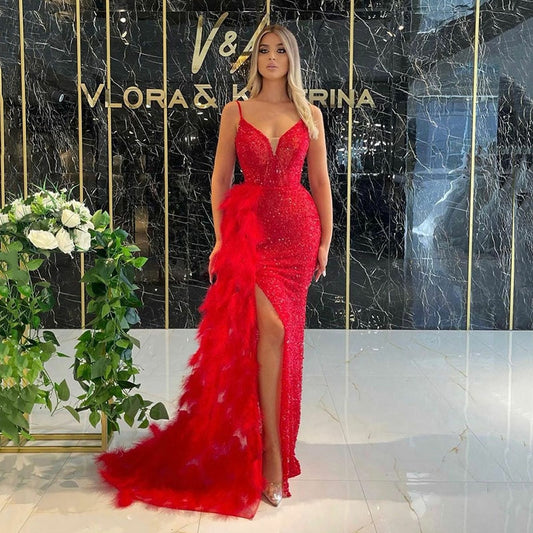 Sequined Glitter Evening Dresses With Feathers Detachable Tail