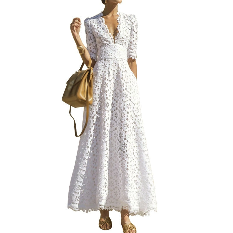 Elegant White Maxi Dress For Women V Neck Half Sleeve High Waist