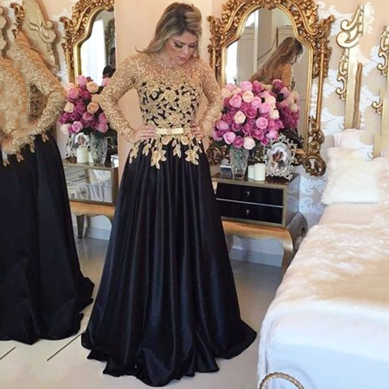 Long Sleeves Prom Dresses Gold Applique Black Evening Gown