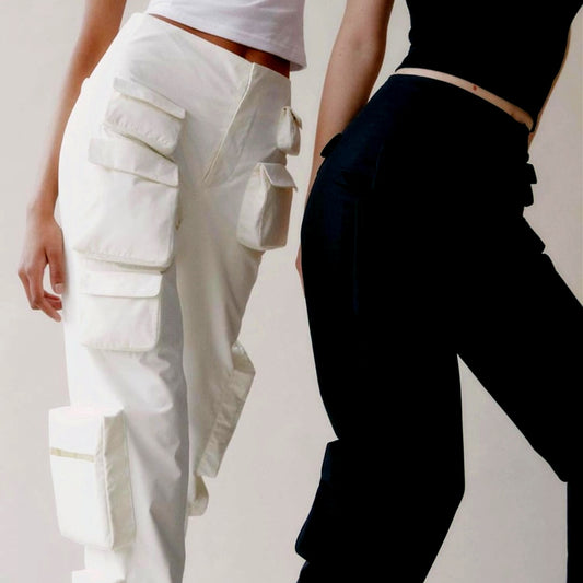 Woman Moto Bike Style Pocket High Waist Black White