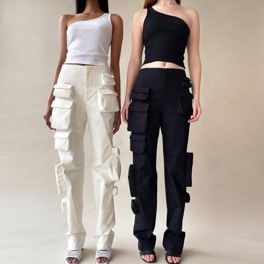 Woman Moto Bike Style Pocket High Waist Black White