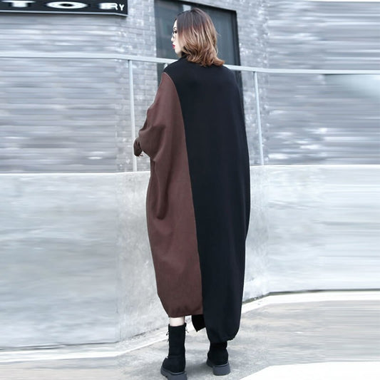 Contrast Color Asymmetrical Wome Turtleneck Loose Dresses