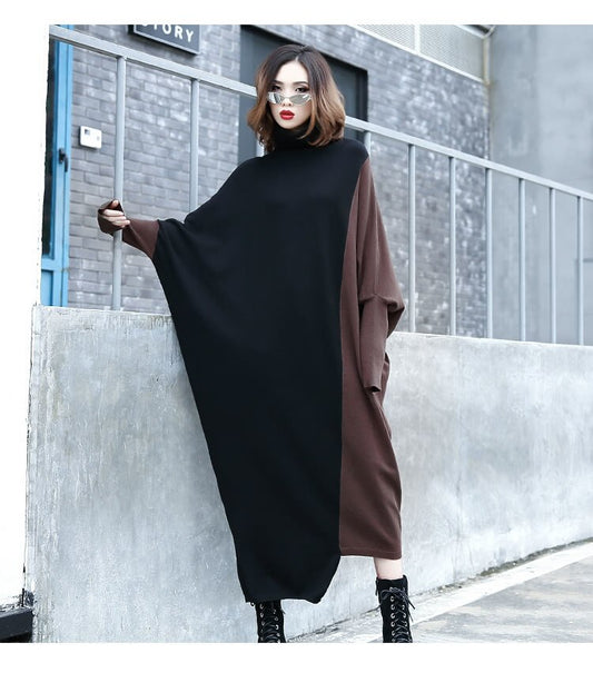 Contrast Color Asymmetrical Wome Turtleneck Loose Dresses