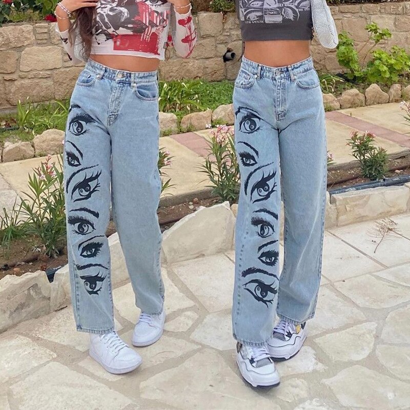 Streetwear Eyes Printed Jeans Women High Waist Pants