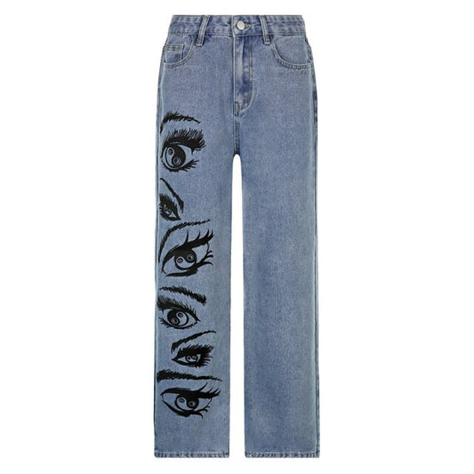 Streetwear Eyes Printed Jeans Women High Waist Pants