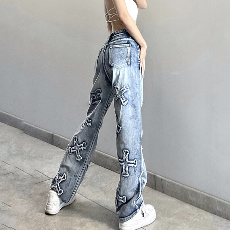 Streetwear Fashion Letter Spliced Jeans Women
