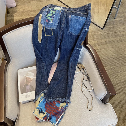 High Waist Contrast Printed Denim Trousers Women Spring 2022