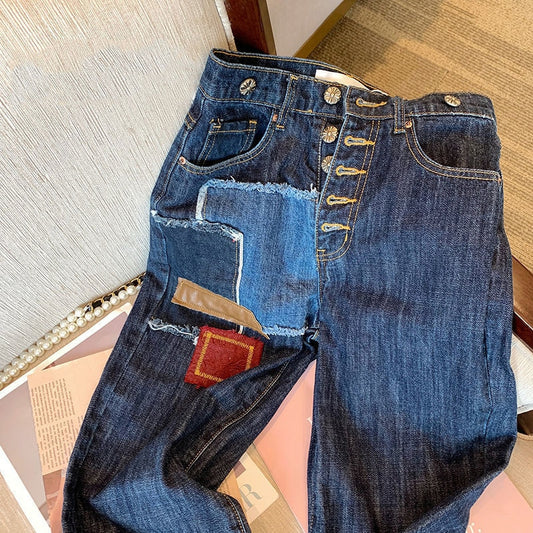 High Waist Contrast Printed Denim Trousers Women Spring 2022