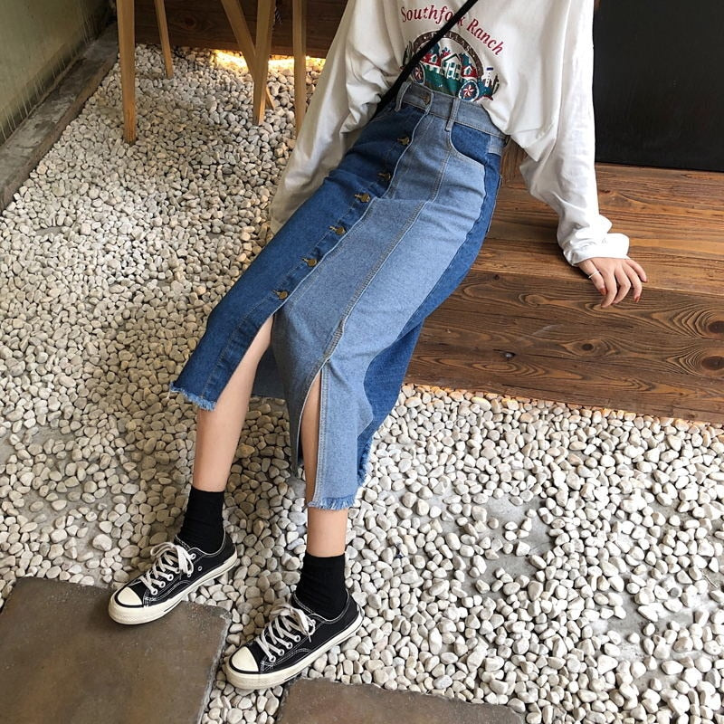 ハイウエスト コントラスト デニムスカート レディース 春 2022