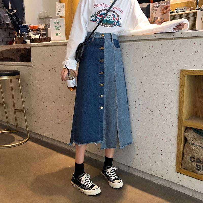 ハイウエスト コントラスト デニムスカート レディース 春 2022