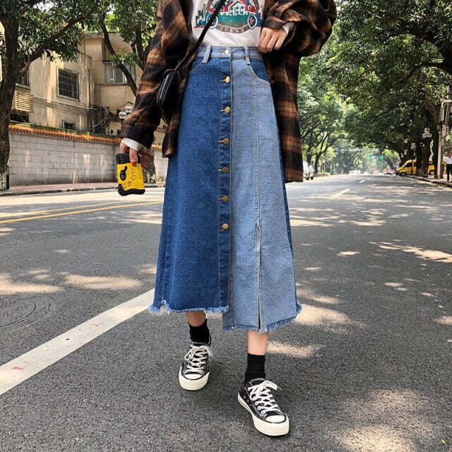ハイウエスト コントラスト デニムスカート レディース 春 2022