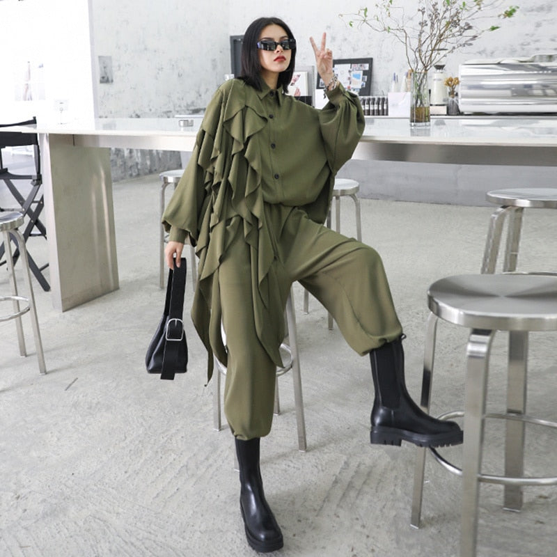 ワイドレッグパンツ フリル ビッグサイズ ツーピース レディーススーツ