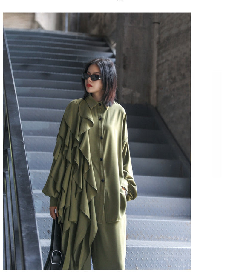 ワイドレッグパンツ フリル ビッグサイズ ツーピース レディーススーツ