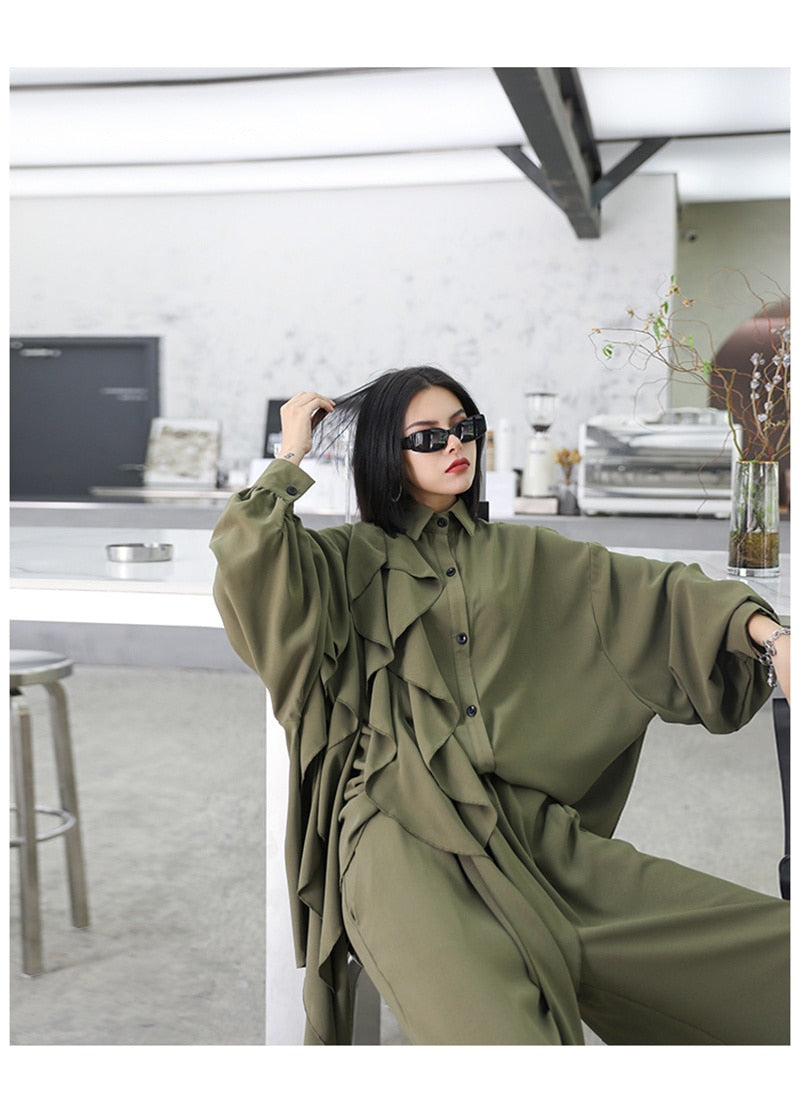 ワイドレッグパンツ フリル ビッグサイズ ツーピース レディーススーツ