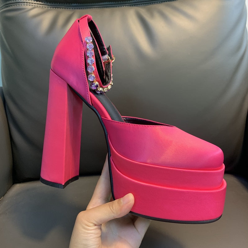 Women High Heel Rhinestone Crude Heel Buckle Wedding Party Shoes