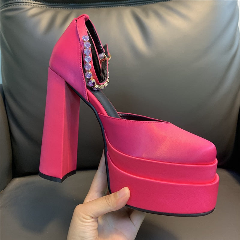 Women High Heel Rhinestone Crude Heel Buckle Wedding Party Shoes