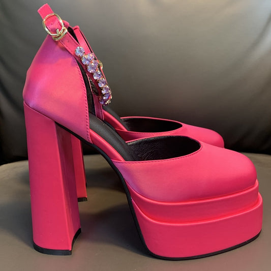 Women High Heel Rhinestone Crude Heel Buckle Wedding Party Shoes