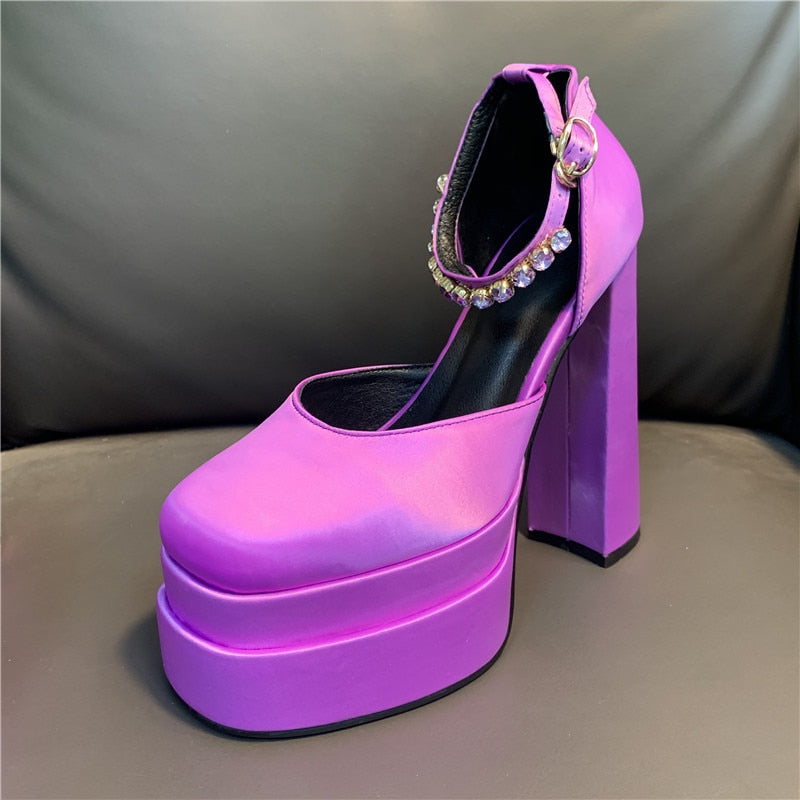 Women High Heel Rhinestone Crude Heel Buckle Wedding Party Shoes