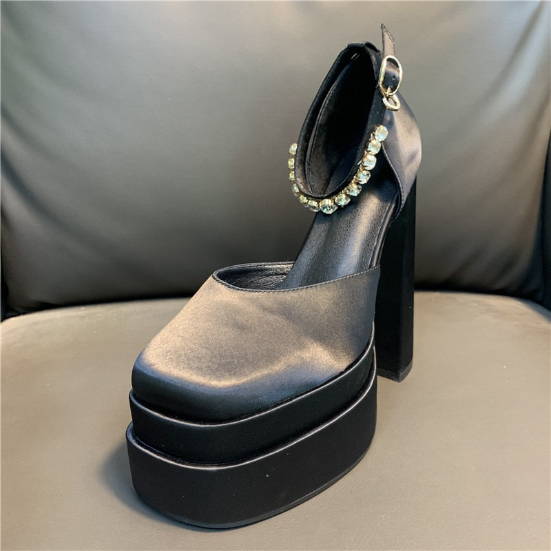 Women High Heel Rhinestone Crude Heel Buckle Wedding Party Shoes