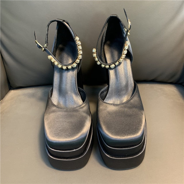 Women High Heel Rhinestone Crude Heel Buckle Wedding Party Shoes