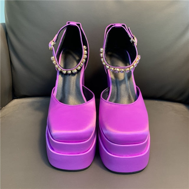 Women High Heel Rhinestone Crude Heel Buckle Wedding Party Shoes