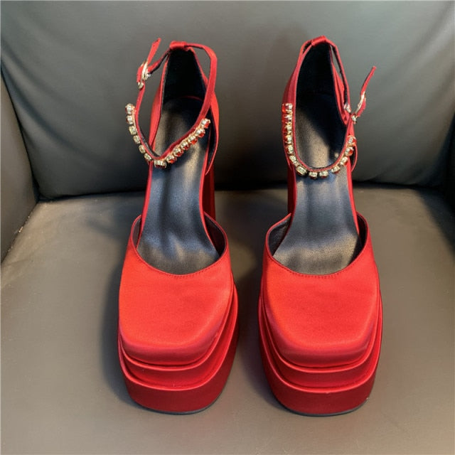 Women High Heel Rhinestone Crude Heel Buckle Wedding Party Shoes