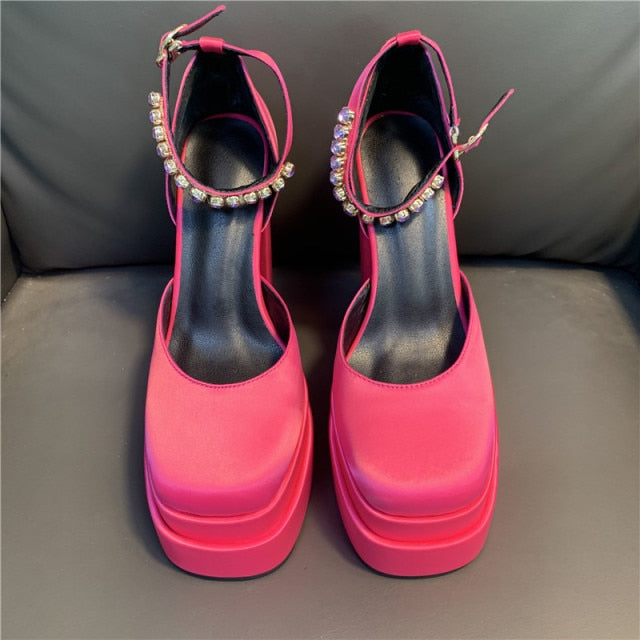 Women High Heel Rhinestone Crude Heel Buckle Wedding Party Shoes