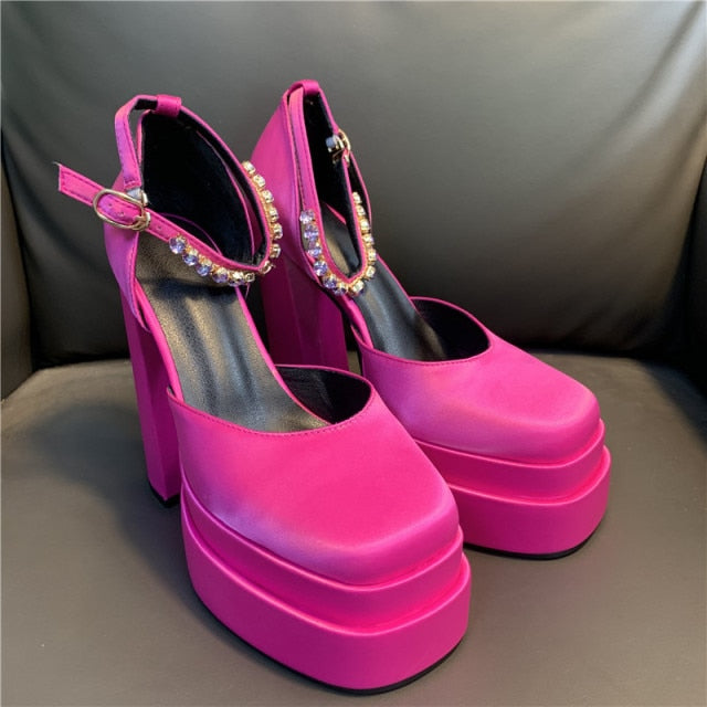 Women High Heel Rhinestone Crude Heel Buckle Wedding Party Shoes