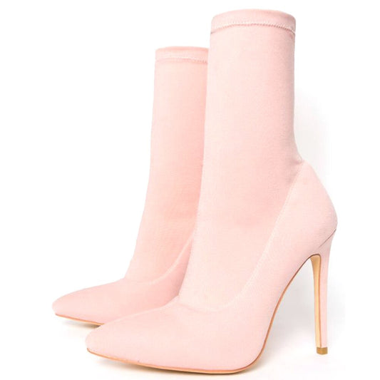 Spring Women Pink Short Boots Pointed Toe Stilettos High Heels