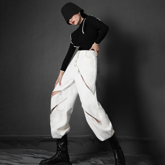 White Patchwork Zipper Cut Out Loose Pants For Women