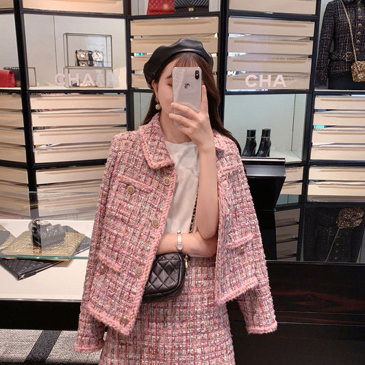 Pink Tweed Female Coat For Women Suits Skirt  Elegant