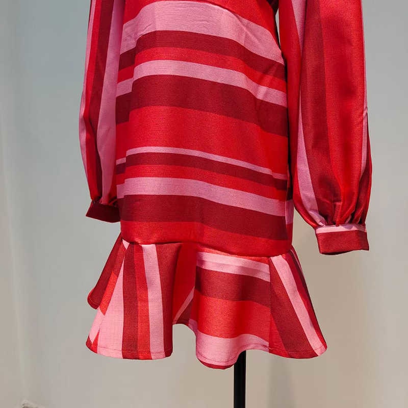 ヒットカラー ストライプ Vネック ランタンスリーブ ハイウエスト ボディコン スリムドレス