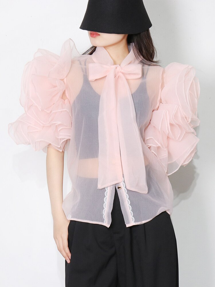 Casual Shirt For Women Bowknot Collar Half Solid Blouse