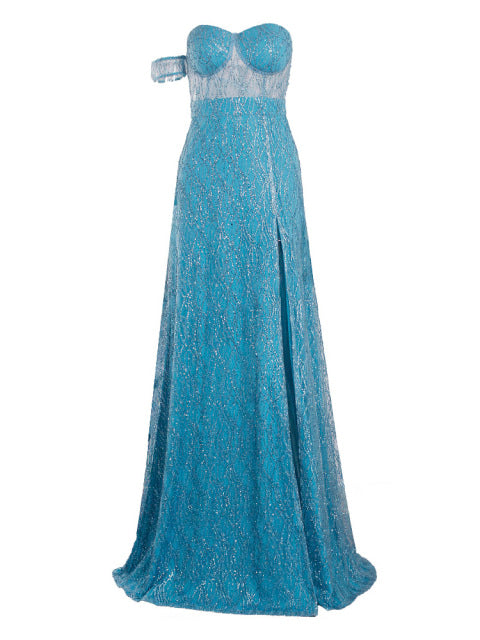 ワンスリーブ ストラップレス ロング ボールガウン スプリットレッグ ホローアウト パーティー マキシドレス