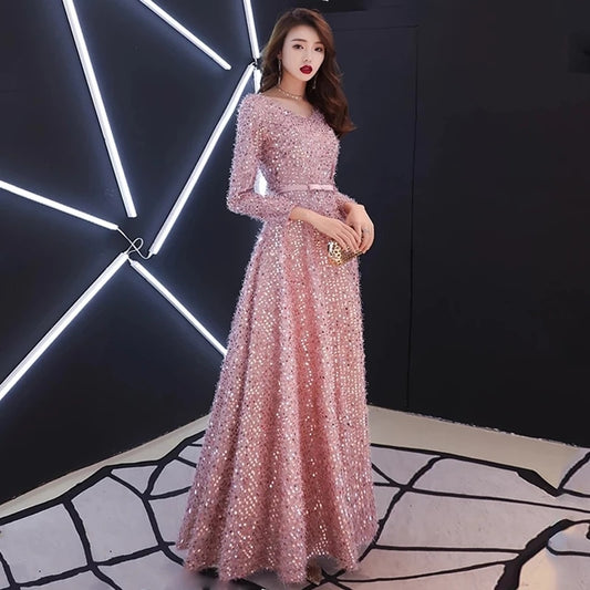 Elegant Pink Feathers Long Evening Dress with Long-sleeve Shiny