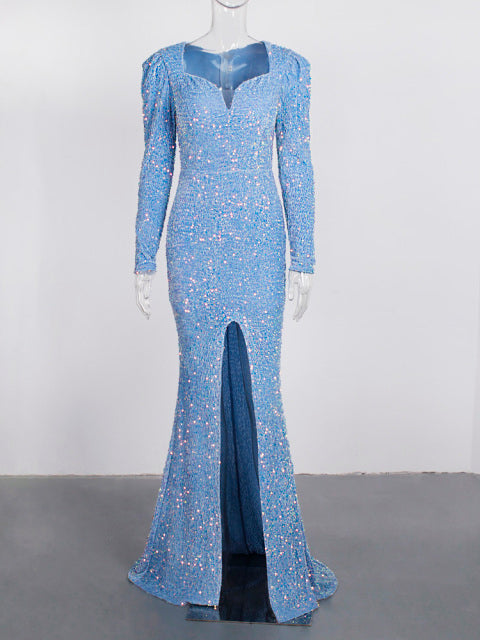 Romantic Sky Blue Long Sleeve Mermaid Wedding Gown Shiny Sequin