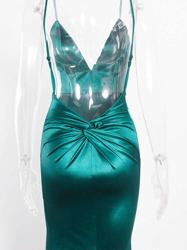 セクシーなエメラルドグリーンのバックレスマーメイドウェディングドレス、ディープVのイブニングドレス