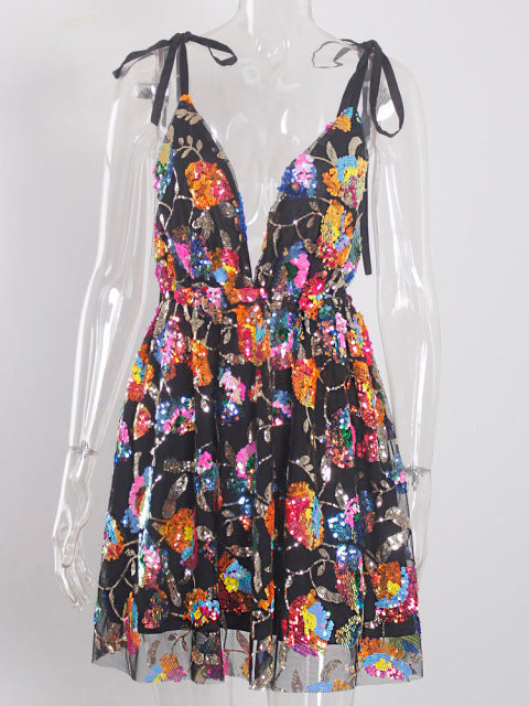 Flowers Sequin Short Tulle Cocktail Dress Pink Slip Deep V Neck Backless