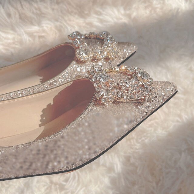 Women Wedding Shoes Square Buckle Crystal Pointed Toe Flats