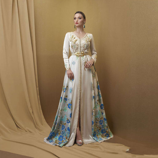 White V-Neck Moroccan Caftan Evening Dress A-Line