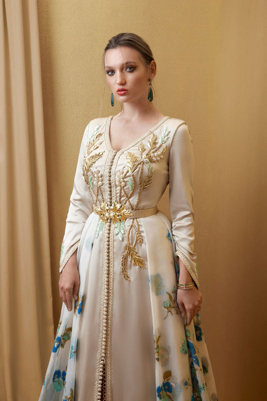 White V-Neck Moroccan Caftan Evening Dress A-Line