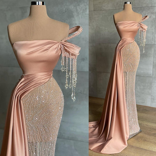 Peach Pink Princess Evening Dresses One Shoulder Beads Crystals