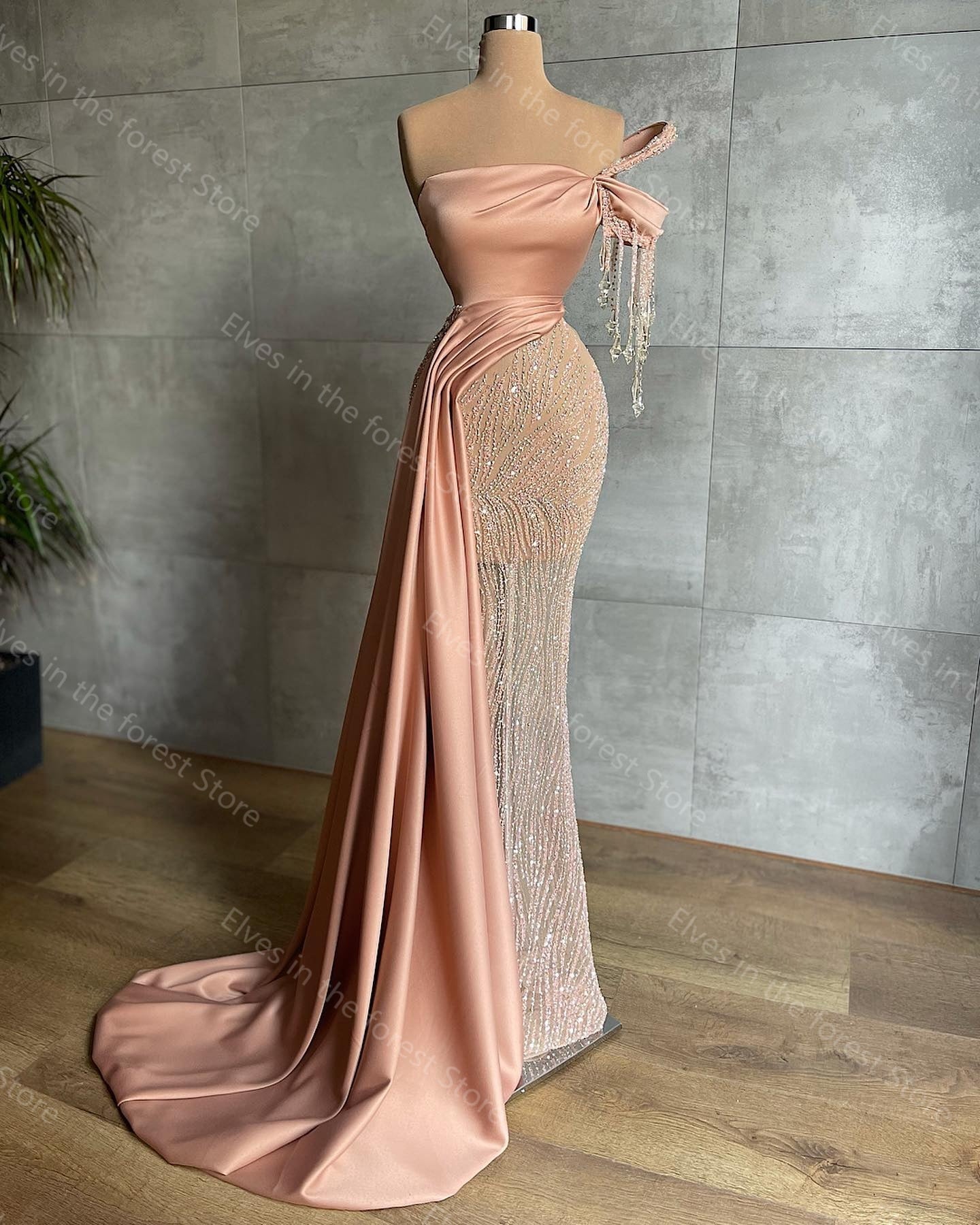 Peach Pink Princess Evening Dresses One Shoulder Beads Crystals