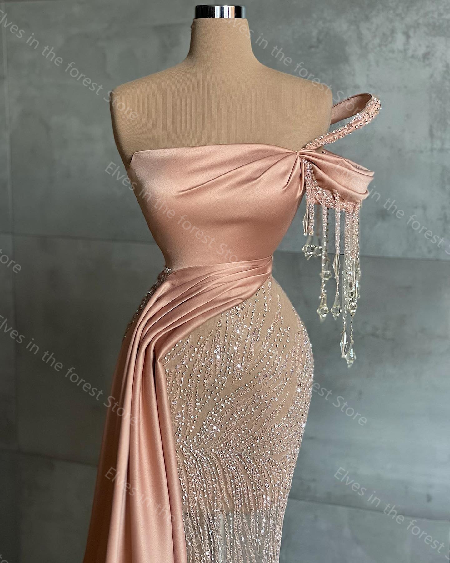 Peach Pink Princess Evening Dresses One Shoulder Beads Crystals
