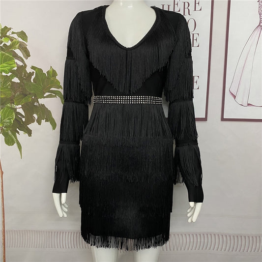 Black White Tassel Long Sleeve V-Neck Sexy Dress